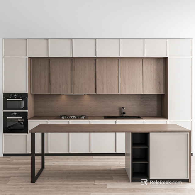Sleek Modern Kitchen Interior With Light And Wooden Cabinets And Island Countertop 3d model 