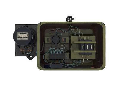Vintage Green Electrical Control Box With Internal Wires Knobs And Switches 3d model
