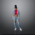 Woman Wearing Red Top Blue Denim Jacket Blue Jeans And Black Bun Hairstyle
