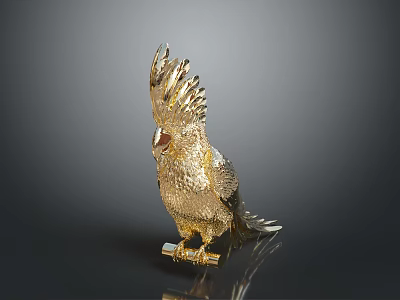 Golden Parrot Sculpture Standing On Shiny Base With Grey Background 3d model