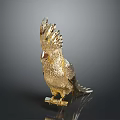 Golden Parrot Sculpture Standing On Shiny Base With Grey Background 3d model