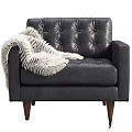 Stylish Black Leather Accent Chair with Tufted Back White Fur Throw and Wooden Legs