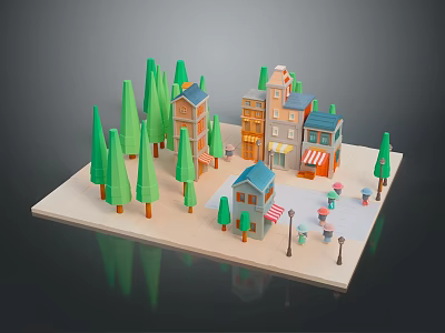 Scenic Small Town Landscape With Green Trees Colorful Houses Street Lamps American Flag And People 3d model
