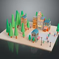 Scenic Small Town Landscape With Green Trees Colorful Houses Street Lamps American Flag And People