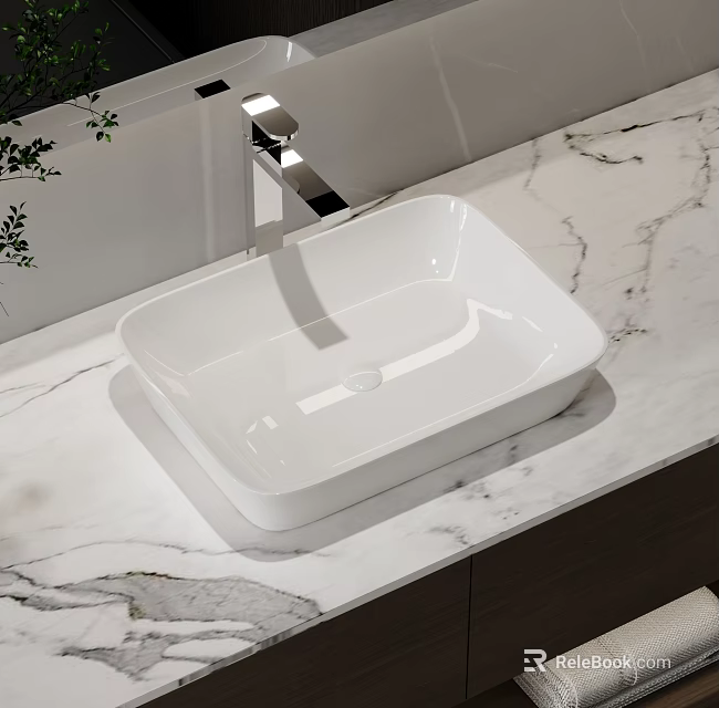 Modern Bathroom White Square Washbasin On Marble Countertop With Faucet 3d model 