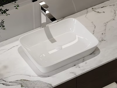 Modern Bathroom White Square Washbasin On Marble Countertop With Faucet 3d model