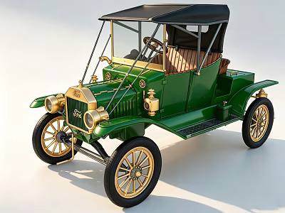 Vintage Green Car with Black Convertible Top Gold Accents and Brown Wooden Seats 3d model