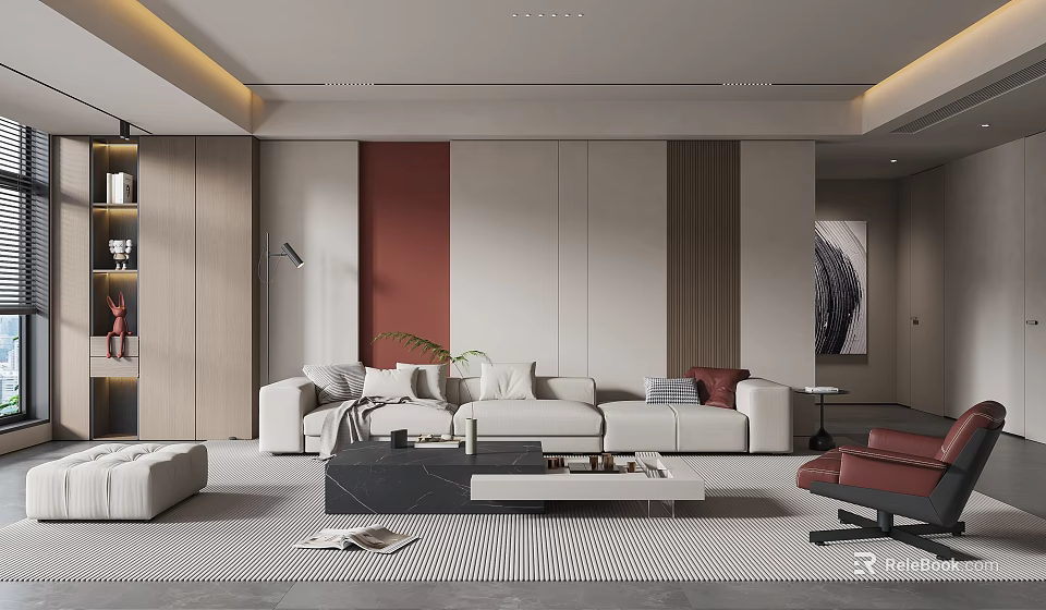 Modern Living Room Interior Design With Beige Sofa Red Accent Wall And Wooden Elements 3d model 
