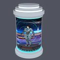 Smart Machine Enclosed in Transparent Container With Humanoid in Mechanical Suit and Blue Halo
