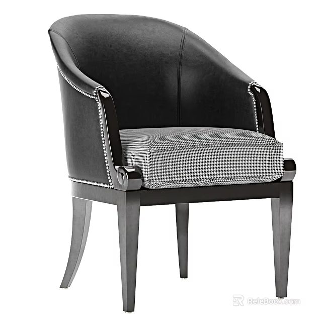 Black Leather Accent Chair With Checkered Fabric Seat And Wooden Legs 3d model 