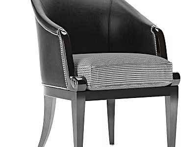 Black Leather Accent Chair With Checkered Fabric Seat And Wooden Legs 3d model