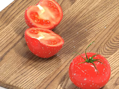 Fresh Ripe Whole Tomato with Sliced Halves on Wooden Cutting Board and Water Droplets 3d model
