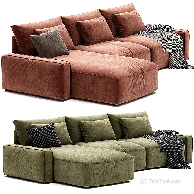 Modern Brown and Green Sectional Sofa with Soft Cushions and Throw Blanket 3d model 