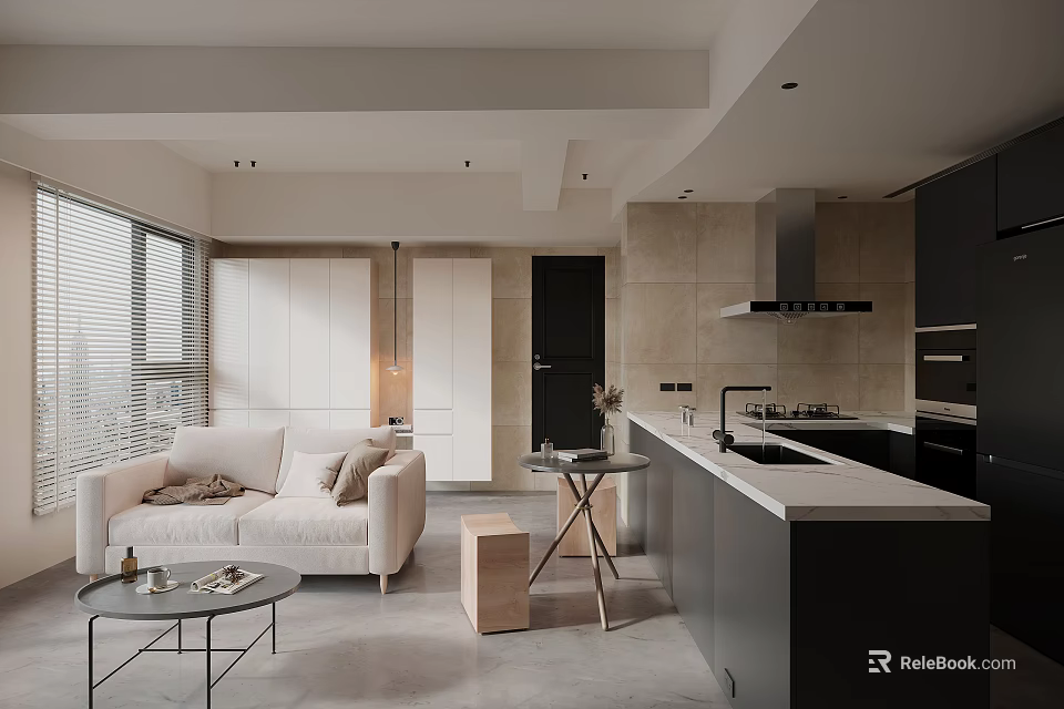 Modern Dining and Living Room Interior With Sofa Dining Table Open Layout And Cabinets 3d model