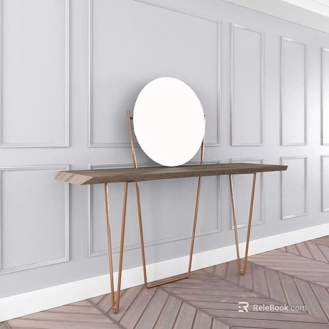 Console Table With Round Mirror Wooden Top And Gold Metal Legs Against White Paneled Wall 3d model 