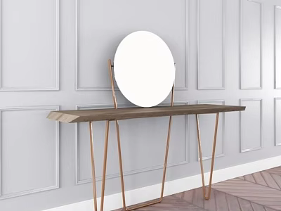 Console Table With Round Mirror Wooden Top And Gold Metal Legs Against White Paneled Wall 3d model