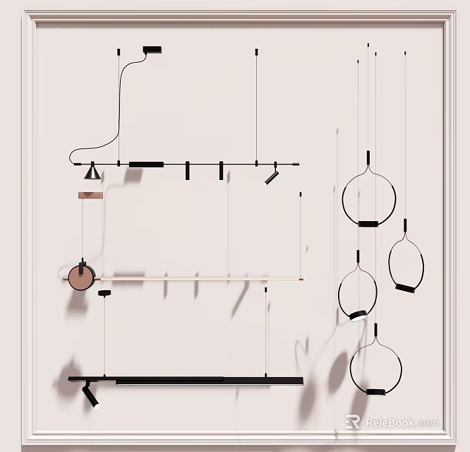 Sleek Black Metal Chandeliers With Linear And Round Designs For Modern Interior Spaces 3d model 