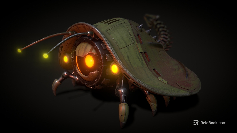 Mechanical Reptile With Green Exoskeleton Orange Glowing Eyes Metal Legs And Spiked Back 3d model 