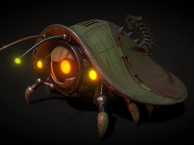 Mechanical Reptile With Green Exoskeleton Orange Glowing Eyes Metal Legs And Spiked Back 3d model