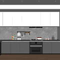 Modern Kitchen Interior With White Upper Cabinets Black Lower Cabinets Gray Backsplash And Wooden Floor