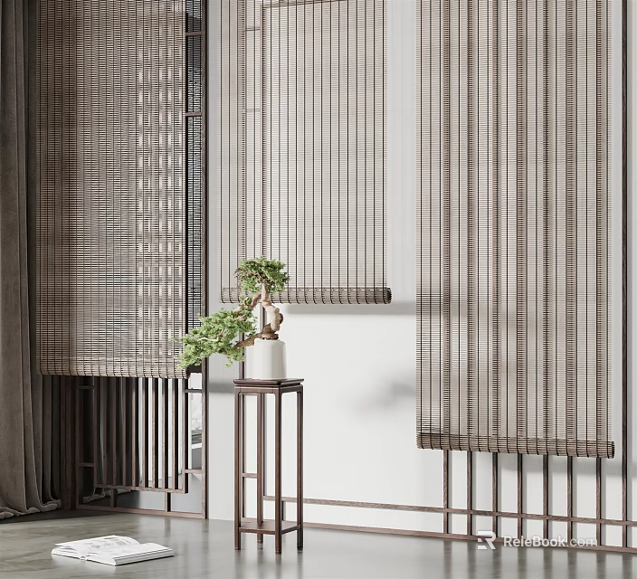 Modern Vertical Slatted Blinds In Neutral Shade For Contemporary Interior With Small Potted Plant 3d model 