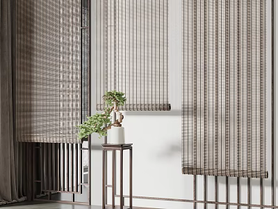 Modern Vertical Slatted Blinds In Neutral Shade For Contemporary Interior With Small Potted Plant 3d model