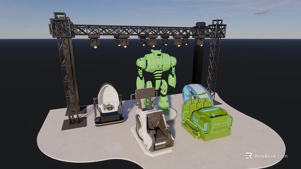 Futuristic Interactive Area With Truss Lights Green Robot And Colorful Seats 3d model 