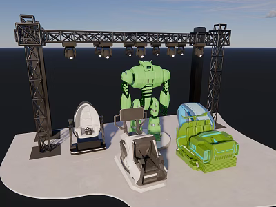 Futuristic Interactive Area With Truss Lights Green Robot And Colorful Seats 3d model