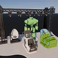 Futuristic Interactive Area With Truss Lights Green Robot And Colorful Seats