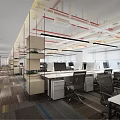 Modern Public Office Space Interior Design With Open Layout Workstations Glass Partitions And Computers 3d model