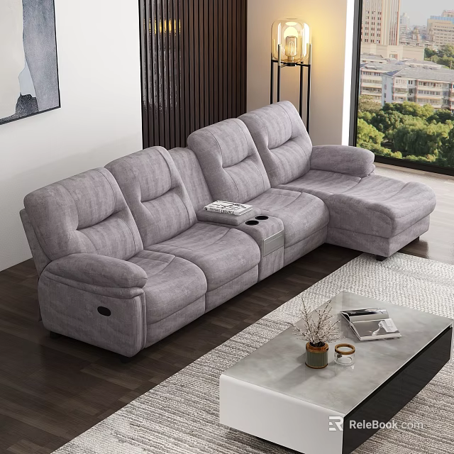 Gray L shaped Fabric Sofa With Storage And White Modern Coffee Table In Living Room 3d model 