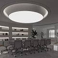 Bright Modern Conference Room Featuring Circular Ceiling Light White Shelves Long Table And White Chairs
