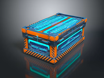 Futuristic Household Storage Box With Orange Blue Glowing Neon Accents And Caution Stripes 3d model