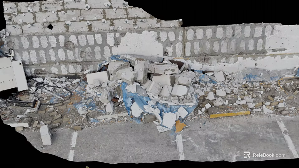 Construction Debris With Rubble Bricks And Blue Plastic Sheets Against Damaged Brick Wall 3d model 