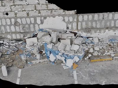 Construction Debris With Rubble Bricks And Blue Plastic Sheets Against Damaged Brick Wall 3d model