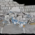 Construction Debris With Rubble Bricks And Blue Plastic Sheets Against Damaged Brick Wall 3d model