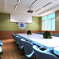 Spacious Conference Room With Long White Table Blue Chairs Green Plants And Bright Lighting