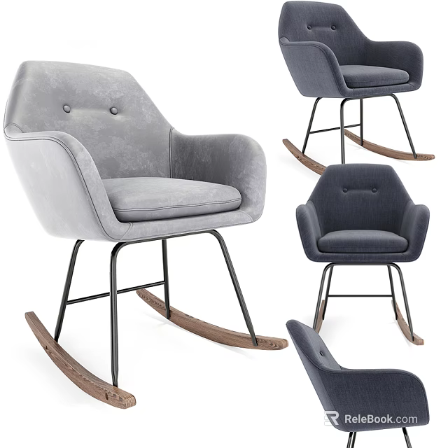 Modern Leisure Rocking Chair Gray and Blue Fabric with Black Metal Legs and Wooden Rockers 3d model 
