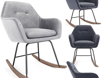 Modern Leisure Rocking Chair Gray and Blue Fabric with Black Metal Legs and Wooden Rockers 3d model