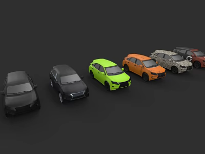 Various Colored Cars In Different Models Lineup On Dark Background 3d model