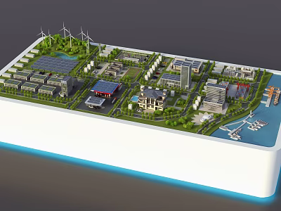 Smart City Model Featuring Wind Turbines Solar Panels And Waterfront Buildings 3d model