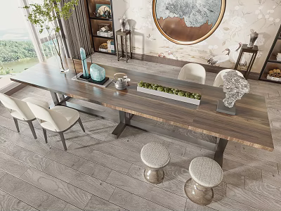 Modern Wooden Tea Table With White Chairs Decorative Items And Wall Art 3d model