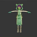 3D Character Wearing Frog Ears Hat Green Dress Backpack And Brown Boots With Outstretched Arms
