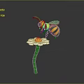 Toy Bee On White Petal Flower With Yellow Center Green Stem And Gray Background