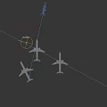 Black Passenger Airplane Flying in Sky and Light Blue Airliner Parked on Ground