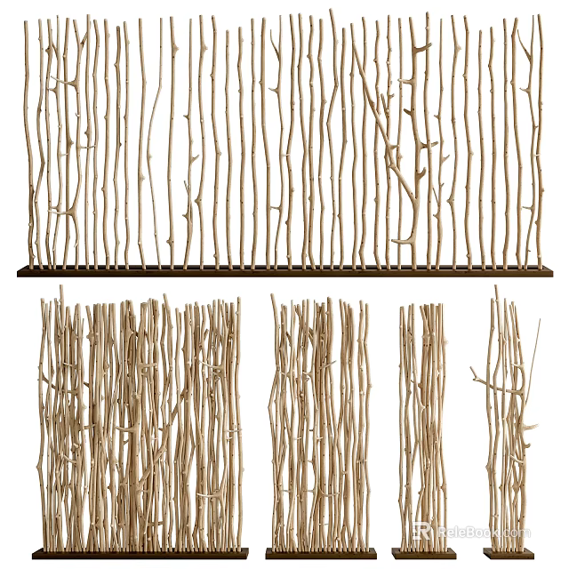 Natural Twig Room Divider With Vertical Sticks For Home Interior Design 3d model 