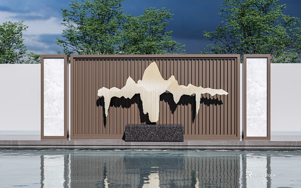 Modern Feature Wall with Brown Slatted Structure Golden Mountain Design and Water Reflection 3d model