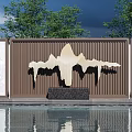 Modern Feature Wall with Brown Slatted Structure Golden Mountain Design and Water Reflection 3d model