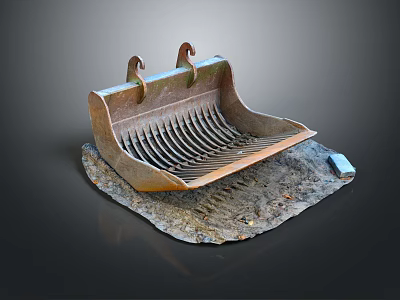 Rusted Metal Bucket With Grate Structure Resting On Dirt And Stone Surface 3d model