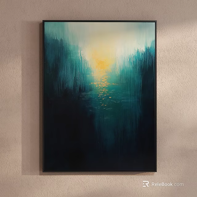 Abstract Painting with Deep Blue Green Vertical Brushstrokes and Golden Yellow Light Reflection 3d model 